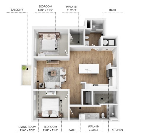 Floor plan for 2 beds, 2 baths, 1100 sqft